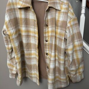 Pink Lily Plaid Utility Flannel in Brown and Yellow